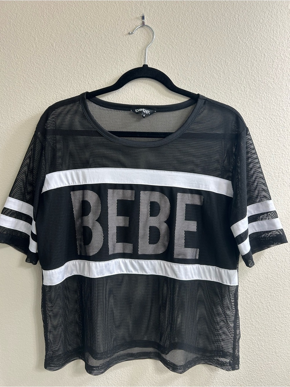 bebe Black Mesh Logo Tee with White Stripes
